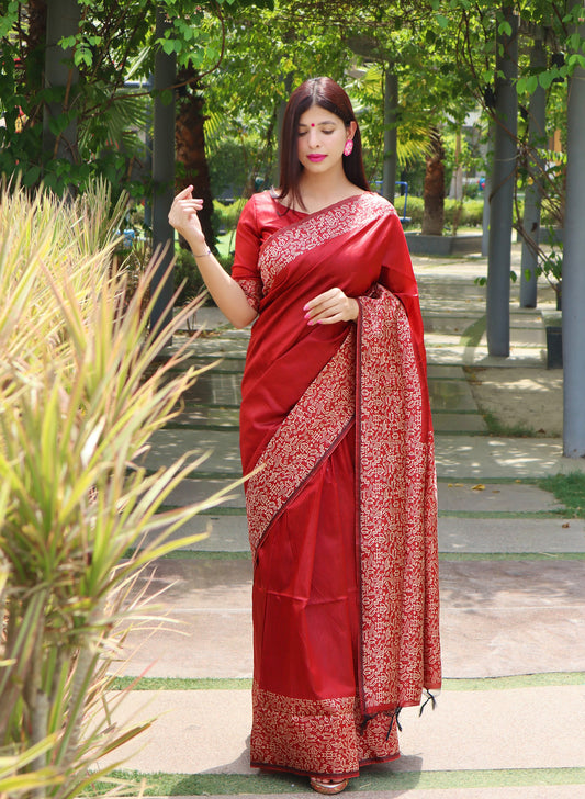 Red Kalamkari Bangalori Handloom Raw Silk Weaving Saree