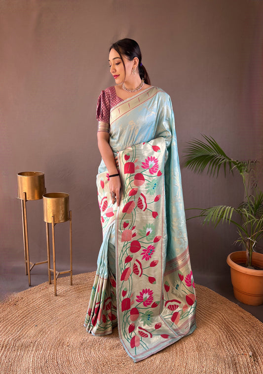 Sky Color Pure Soft Paithani Silk Saree