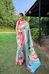 Sky Color Pure Paithani Saree with All-Over Zari and Meenakari Weaves | Richly Woven Pallu | Stunning Multi-Colored Border | Includes Unstitched Blouse Piece.