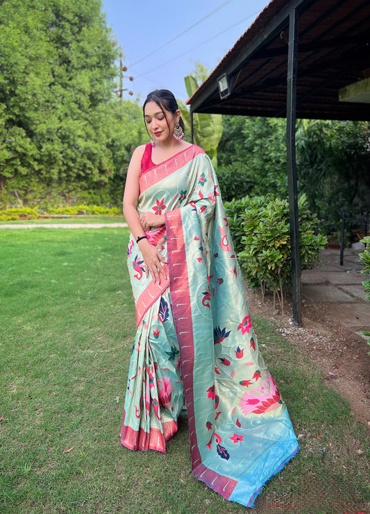 Sky Color Pure Paithani Saree with Unstitched Blouse