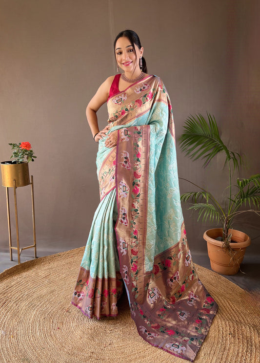 Sky Color Lucknowi Weaving Saree with Paithani and Patola Fusion