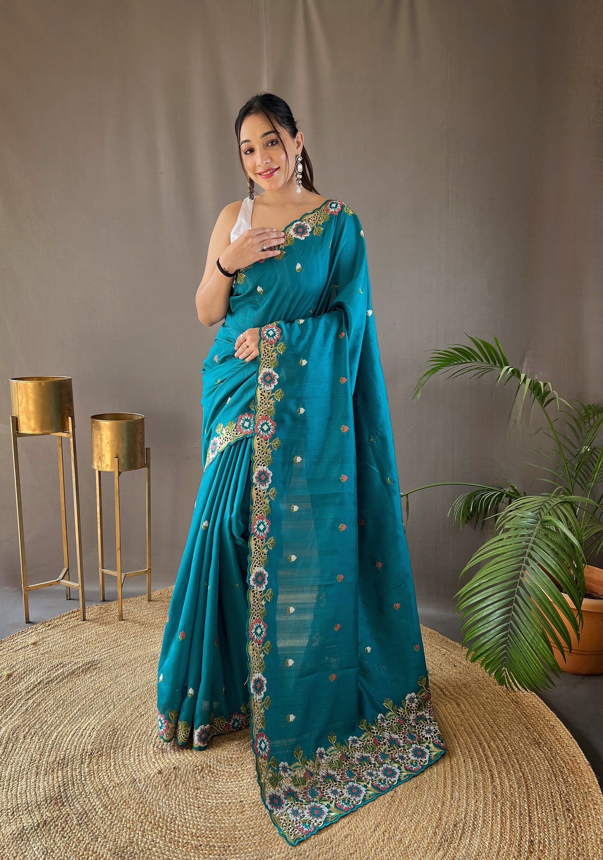 Sky Color Pure Tussar Silk Saree with Embroidery Work