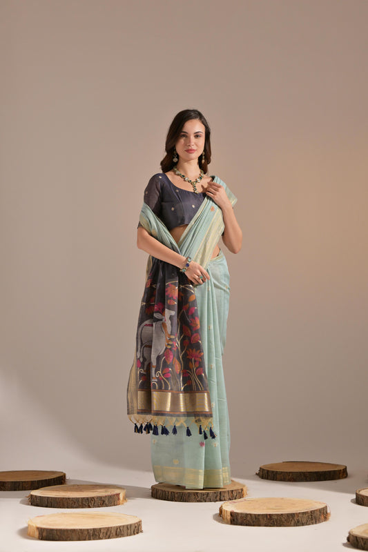 Sky Muga Cotton Saree with Contrast Blouse.