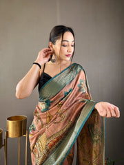 Pure Sky Color Tussar Silk Saree with Elegant Handpainted Kalamkari Print, Contrast Zari Weaving Border, and Zari Woven Pallu - Paired with Contrast Printed Blouse.