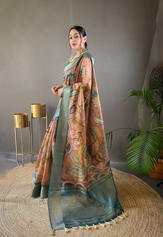 Pure Sky Color Tussar Silk Saree with Elegant Handpainted Kalamkari Print, Contrast Zari Weaving Border, and Zari Woven Pallu - Paired with Contrast Printed Blouse.