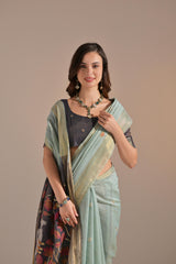 Sky Muga Cotton Saree with Contrast Blouse.