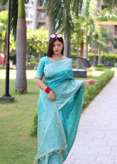 Sky Bangalore Handloom Raw Silk Saree with Running Blouse