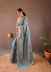 Sky Color Tussar Silk Saree with Embroidery Design