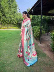 Sky Color Pure Paithani Saree with All-Over Zari and Meenakari Weaves | Richly Woven Pallu | Stunning Multi-Colored Border | Includes Unstitched Blouse Piece.