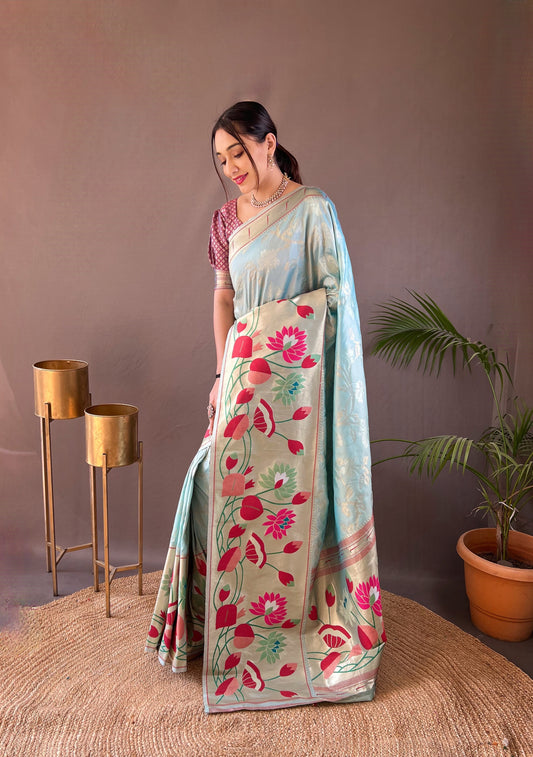 Sky Color Pure Soft Paithani Silk Saree