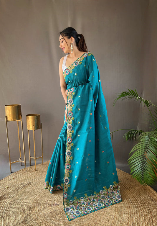 Sky Color Pure Tussar Silk Saree with Embroidery Work