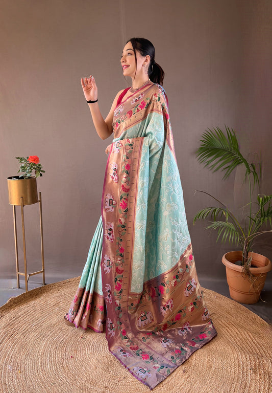 Sky Color Lucknowi Weaving Saree with Paithani and Patola Fusion