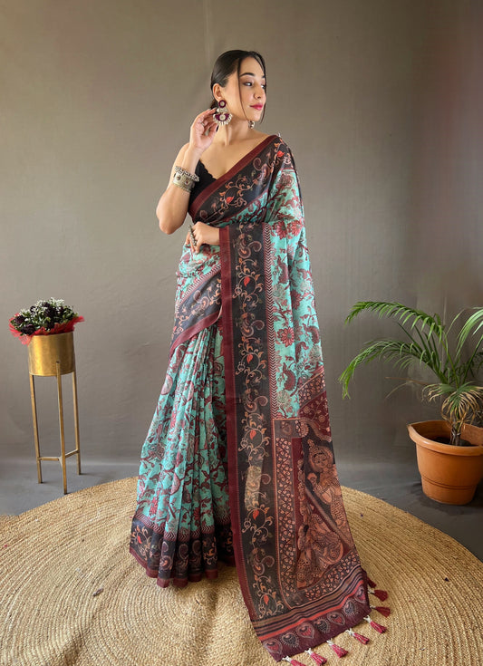 Sky Italian Digital Print Cotton Saree