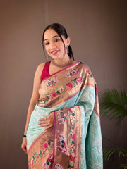 Beautiful Sky Color Lucknowi Weaving Saree with Paithani and Patola Fusion - Rich Meenakari Pallu, Elegant Border, Natural Concept with Golden Zari Blend, and Contrast Blouse.