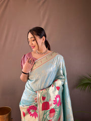 Sky Color Pure Soft Paithani Silk Saree