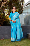 Blue Satin Saree with Soft Silk Kanjivaram