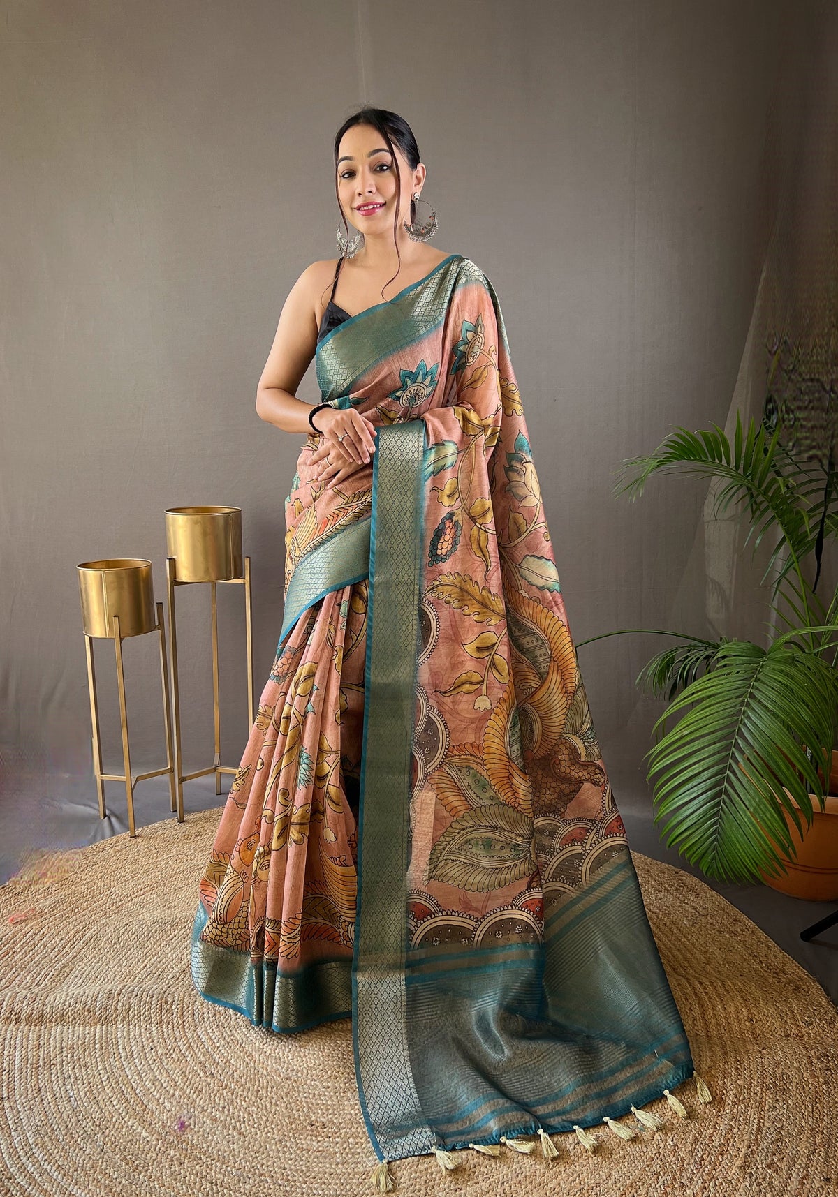 Pure Sky Color Tussar Silk Saree with Elegant Handpainted Kalamkari Print, Contrast Zari Weaving Border, and Zari Woven Pallu - Paired with Contrast Printed Blouse.