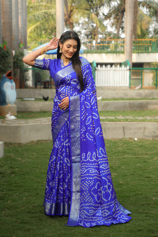 Navy Blue Handmade Bandhej Silk Saree With Matching Blouse