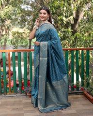 Luxury Handloom Sky Blue Silk Bandhej Patola Sarees with Kanchi Borders and Unstitched Blouse Piece.