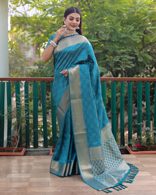 Sky Blue Handloom Silk Bandhej Patola Sarees with Kanchi Borders