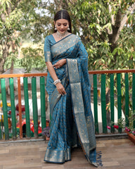 Handloom Sky Blue Silk Bandhej Patola Sarees with Kanchi Borders