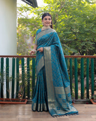 Elegant Sky Blue Handloom Silk Bandhej Patola Sarees with Kanchi Borders & Unstitched Blouse.