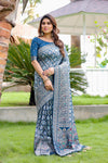 Elegant Sky Blue Color Pure Kanjivaram Pattu Saree with Heavy Zari Weaving, Rich Pallu & Contrast Blouse Piece.