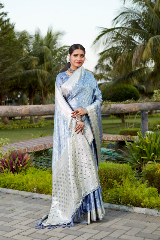 Sky Blue Color Pure Kanjivaram Soft Satin Silk Saree