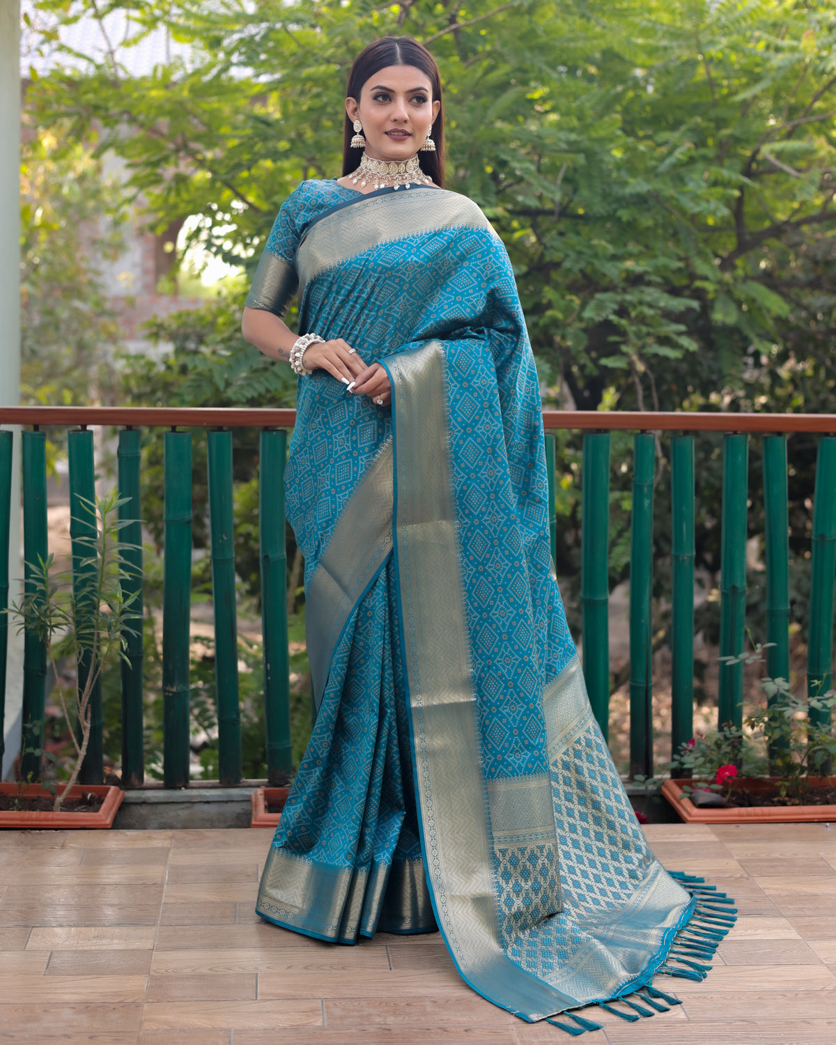 Exclusive Sky Blue Handloom Silk Bandhej Patola Sarees with Kanchi Borders & Unstitched Blouse Piece.