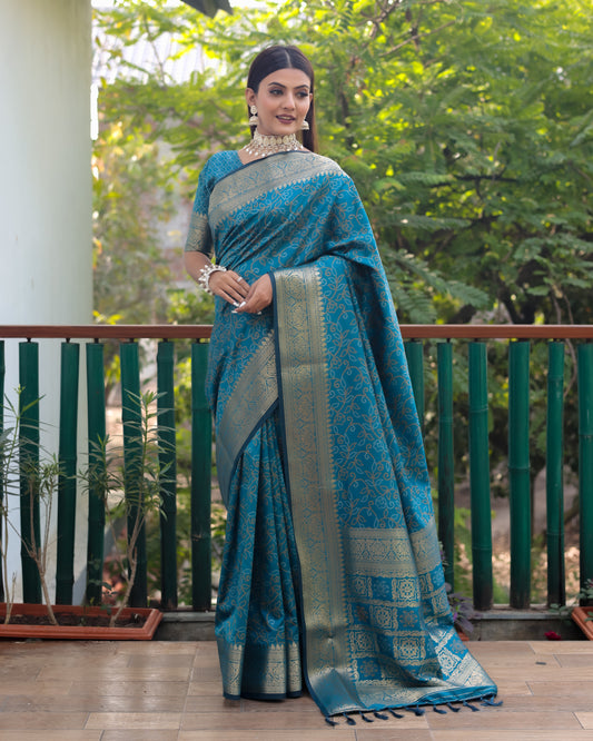 Elegant Sky Blue Handloom Silk Bandhej Patola Sarees with Kanchi Borders & Unstitched Blouse.