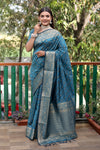 Luxury Handloom Sky Blue Silk Bandhej Patola Sarees with Kanchi Borders and Unstitched Blouse Piece.