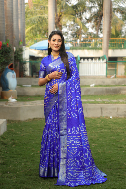 Navy Blue Handmade Bandhej Silk Saree With Matching Blouse