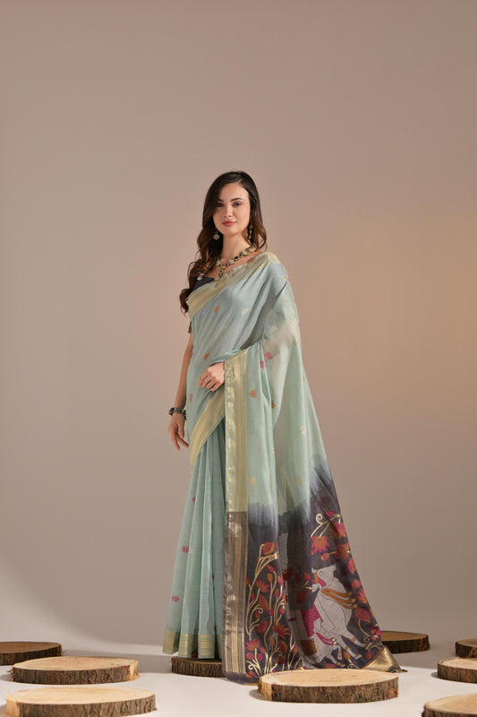 Sky Muga Cotton Saree with Contrast Blouse.