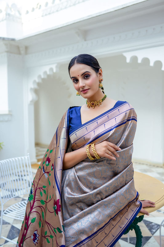 Silver Color Extraordinary Blend of Kanchipuram and Paithani Sarees: Soft Kanjivaram Silk with Exclusive Contrast Border & Rich Paithani Pallu.