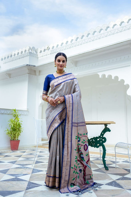 Silver Color Extraordinary Blend of Kanchipuram and Paithani Sarees: Soft Kanjivaram Silk with Exclusive Contrast Border & Rich Paithani Pallu.