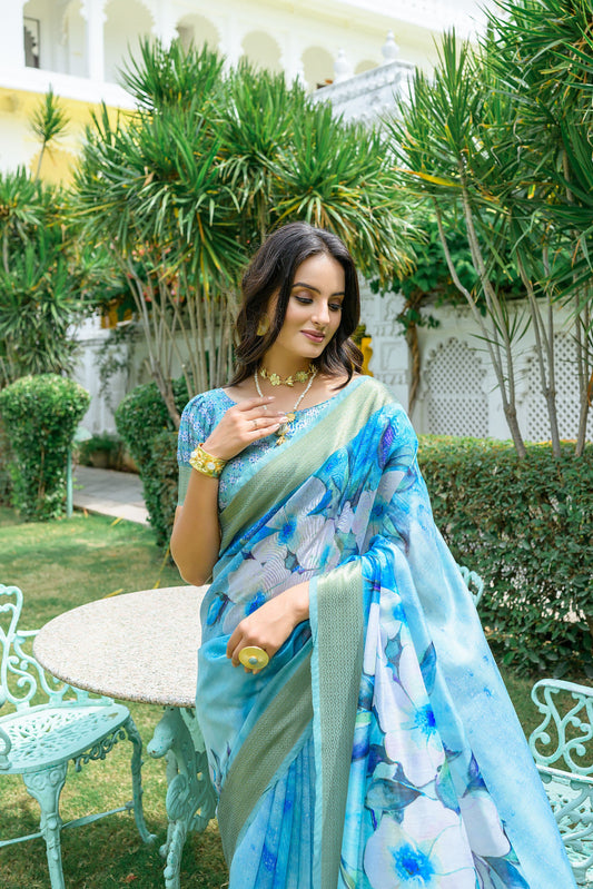 Sky Blue Linen Cotton Saree