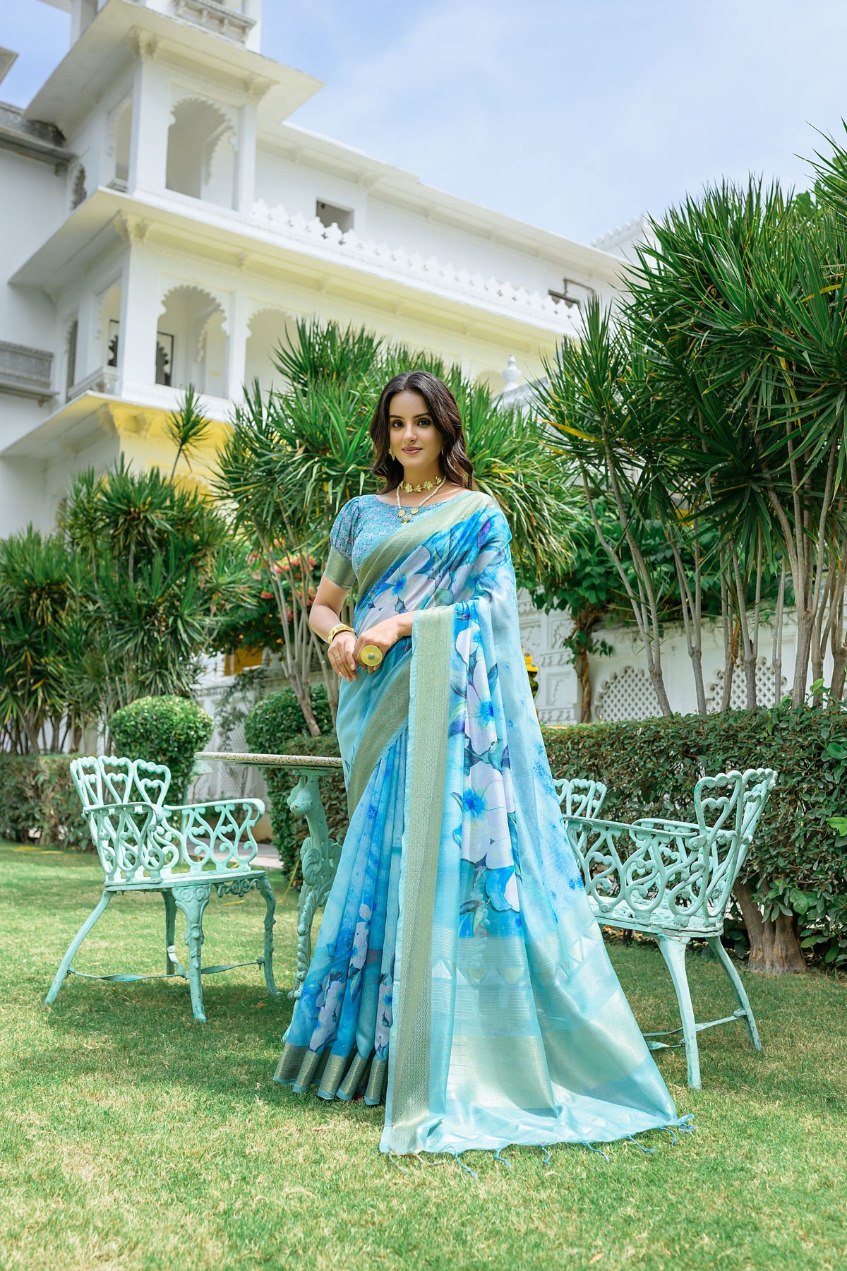 Sky Blue Linen Cotton Saree