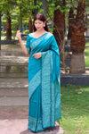 Sky Blue Kalamkari Bangalori Handloom Raw Silk Weaving Saree