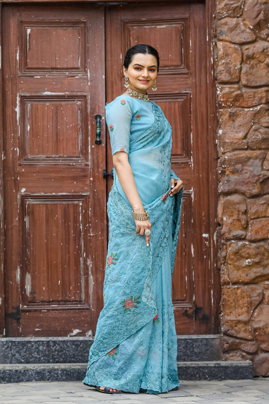 Sky Pure Shiny Zari Chiffon Saree with Intricate Cutwork and Embroidery