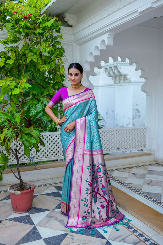 Sky Color Extraordinary Blend of Kanchipuram and Paithani Sarees: Soft Kanjivaram Silk with Exclusive Contrast Border & Rich Paithani Pallu.