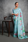 Sky Color Tussar Silk Saree with Stunning Lotus Pichwai Print