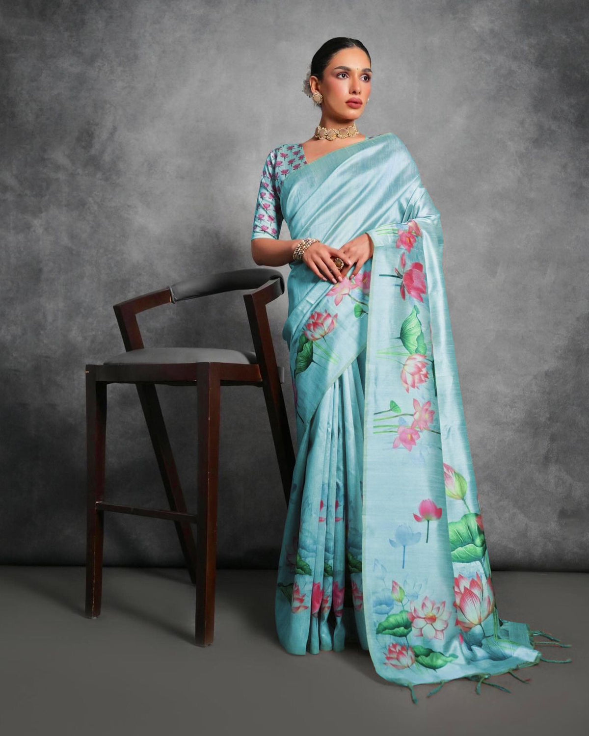 Exquisite Sky Color Tussar Silk Saree with Stunning Lotus Pichwai Print - A Blend of Traditional Elegance and Modern Floral Design.