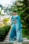 Sky Color Handloom Raw Silk Saree With Blouse