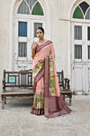 Premium Coffee Soft Bhagalpuri Silk Saree with Classic Pichwai Print Border, Contrast Pallu & Blouse Piece – Elegant Tassels.