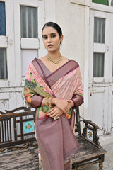 Premium Coffee Soft Bhagalpuri Silk Saree with Classic Pichwai Print Border, Contrast Pallu & Blouse Piece – Elegant Tassels.