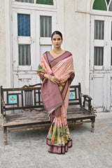 Premium Coffee Soft Bhagalpuri Silk Saree with Classic Pichwai Print Border, Contrast Pallu & Blouse Piece – Elegant Tassels.