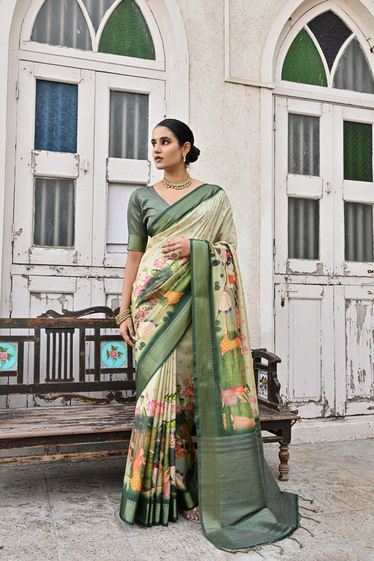 Premium Green Soft Bhagalpuri Silk Saree with Classic Pichwai Print Border, Contrast Pallu & Blouse Piece – Elegant Tassels.