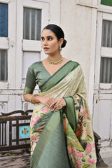 Premium Green Soft Bhagalpuri Silk Saree with Classic Pichwai Print Border, Contrast Pallu & Blouse Piece – Elegant Tassels.