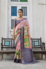 Premium Purple Soft Bhagalpuri Silk Saree with Classic Pichwai Print Border, Contrast Pallu & Blouse Piece – Elegant Tassels.