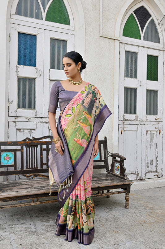 Premium Purple Soft Bhagalpuri Silk Saree with Classic Pichwai Print Border, Contrast Pallu & Blouse Piece – Elegant Tassels.